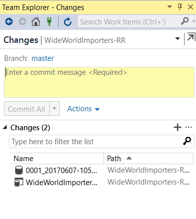 In Team Explorer – Changes, under Changes, two changes display: 0001_20170607-105..., and WideWorldImporters..." At this time, the commit box is empty.